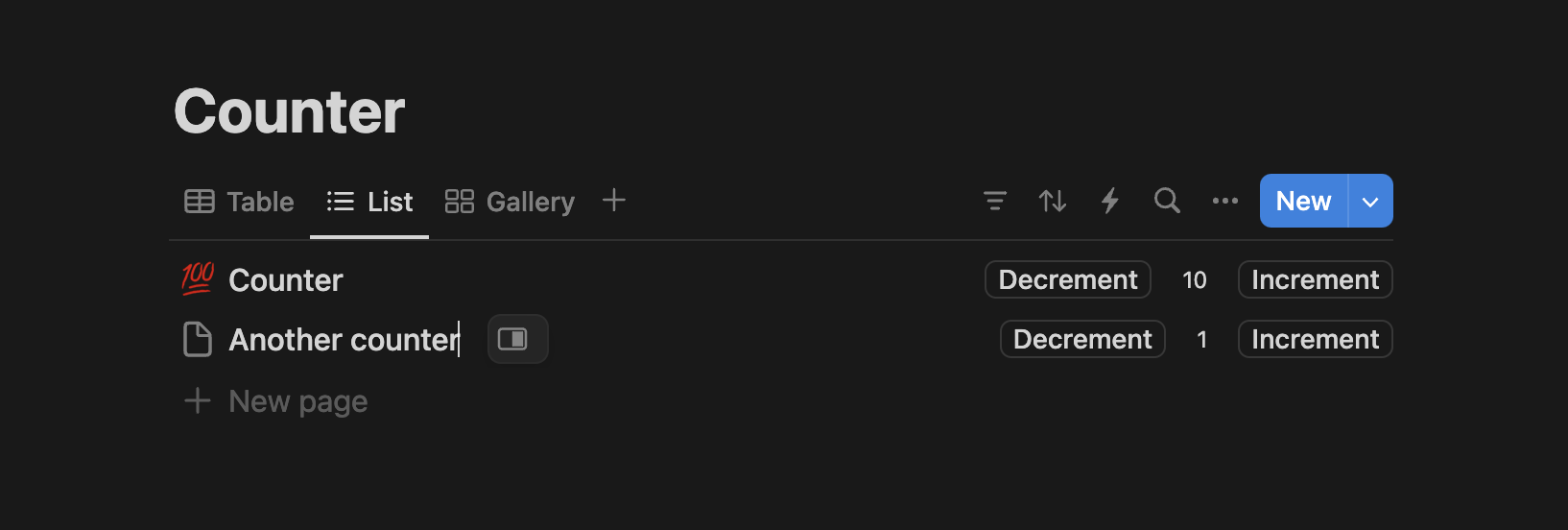 List view of the database